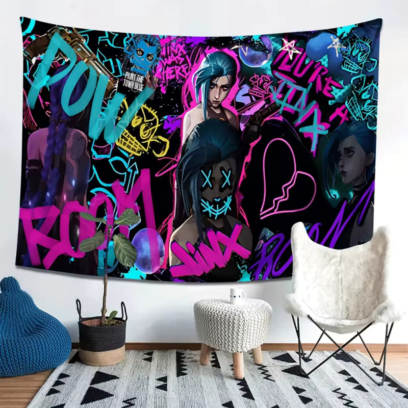 VIKAMA League of Legends Jinx Wandteppich im Neon-Graffiti-Cyberpunk-Stil, Mehrfarbiger Wandbehang für dein Gaming-Zimmer - Bild 3