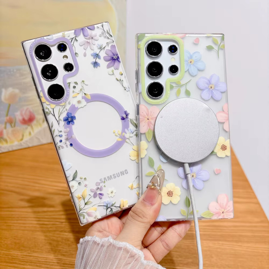Transparente MagSafe Handyhülle mit Cartoon-Blumen-Design für Samsung Galaxy S26 Ultra, S25 Ultra, S24 Plus und S23 Ultra, mattierte Abdeckung in Grün - Bild 1
