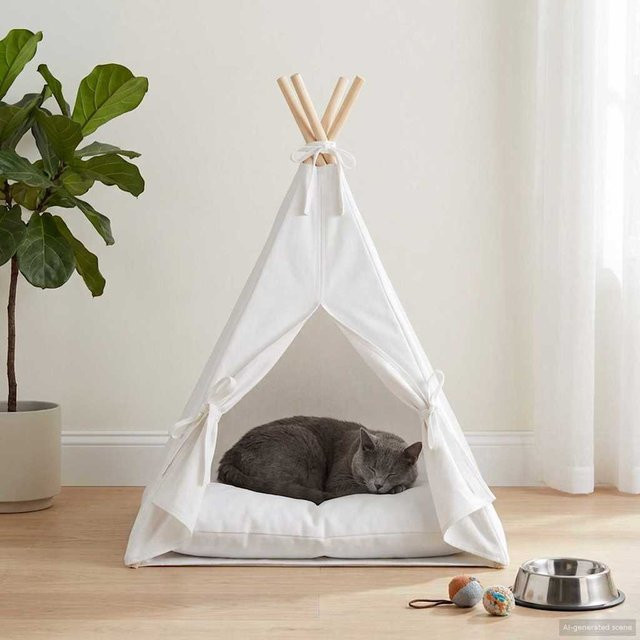 Yiwydaa Haustier-Tipi in Weiß mit Kissen aus Kiefernholz und Polyester, B/T/H: 40 x 40 x 50 cm - Bild 1
