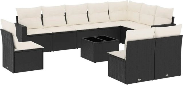 vidaXL 11-tlg Garten-Sofagarnitur in L-Form aus schwarzem Poly-Rattan mit UV-beständigen Kissen und pulverbeschichtetem Stahlgestell - Bild 1