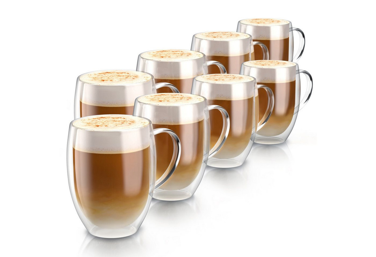 Arendo Thermogläser 8er-Set aus doppelwandigem Borosilikatglas mit Henkel, 350 ml pro Glas, für Kaffee und Tee, spülmaschinen- und mikrowellengeeignet - Bild 1