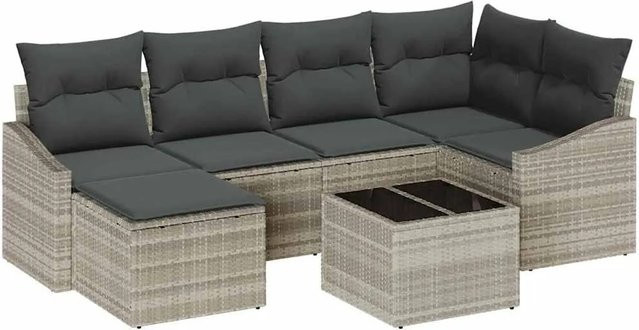 7-teiliges vidaXL Garten-Sofa-Set in Hellgrau aus Poly-Rattan und Stahl mit Polsterung und Tisch - Bild 1