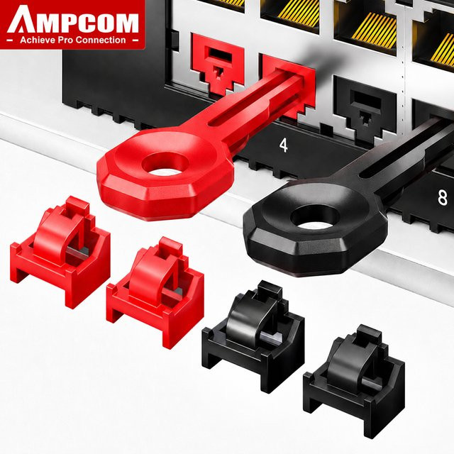 AMPCOM RJ45-Portschlösser mit 10 Schlüsseln in Schwarz zur Netzwerksicherung für Switches, Wandanschlussdosen und Server, 100 Stück - Bild 1