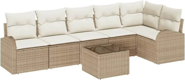 7-teiliges vidaXL Garten-Sofa-Set in L-Form mit Kissen, Beige und Weiß, Poly-Rattan und Metallgestell für Garten und Terrasse - Bild 1
