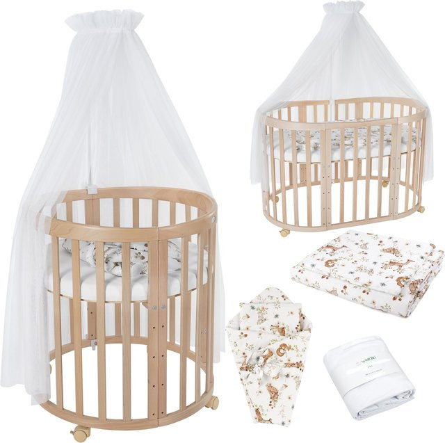 Waldin Babybett OWAL 7in1 Kinderbett aus Buchenholz mit Matratze und Drop-Side - Bild 1