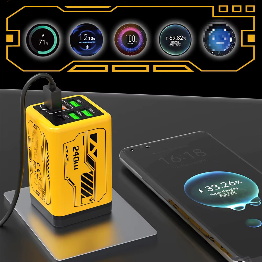 6-in-1 240W USB-C Ladegerät mit PD Schnellladung und Quick Charge 3.0 Wandadapter in Gelb - Bild 4