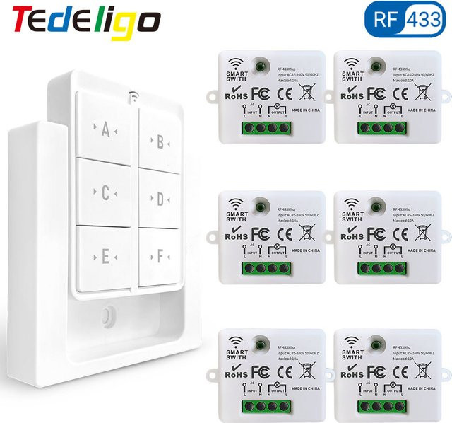 Tedeligo Kabelloser Magnetischer Wandschalter und 433MHz Fernbedienung für Lampe und Ventilator, Weiß, 230V - Bild 1