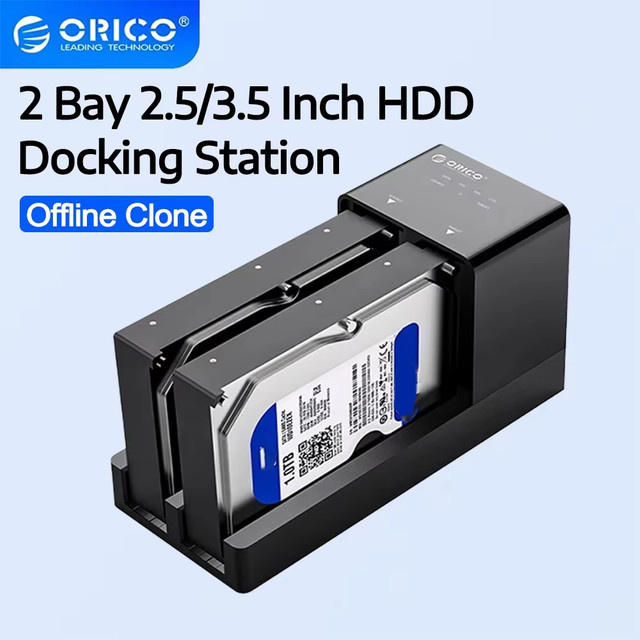ORICO 2-Bay HDD-Dockingstation mit Offline-Klonfunktion, SATA zu USB 3.0 Festplattengehäuse für 2,5 und 3,5 Zoll Festplatten, Schwarz - Bild 1