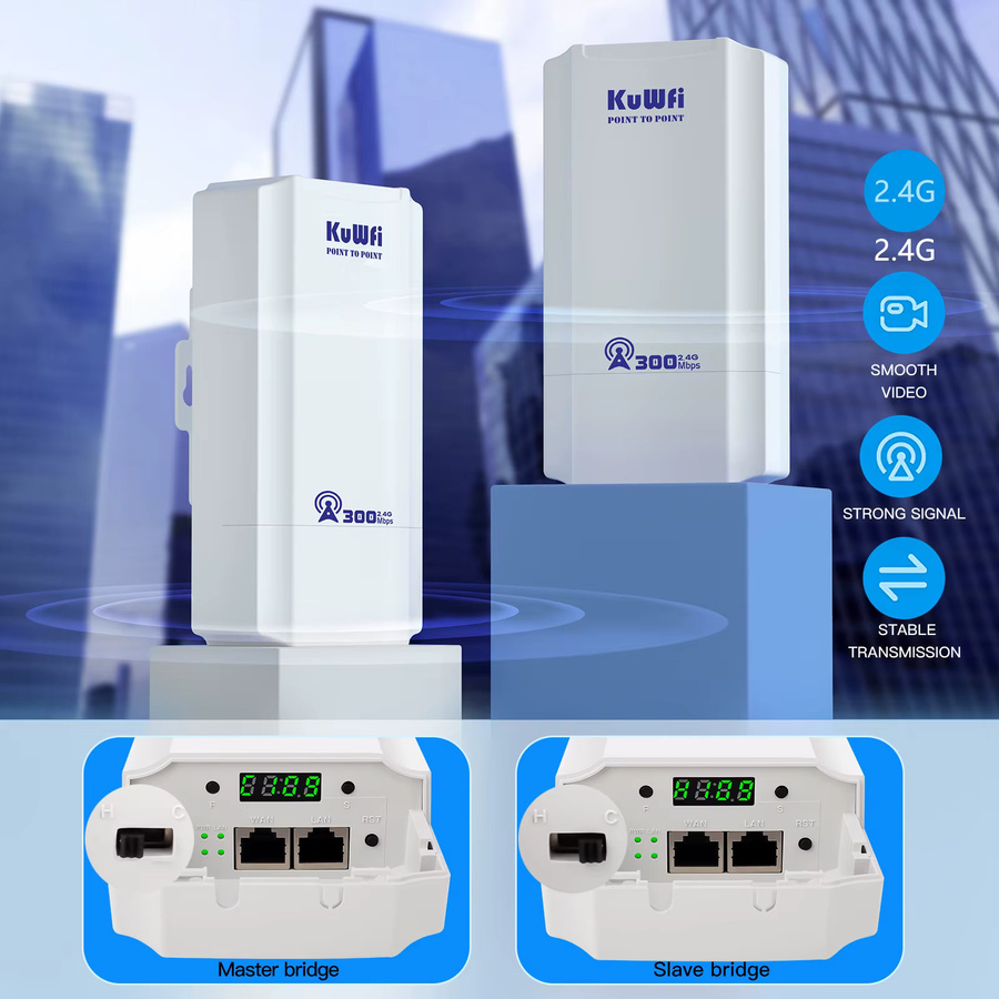 KuWFi Outdoor Wireless Bridge 300Mbps WLAN-Kit in Weiß für IP-Kamera-CCTV-Überwachung mit 1 km Reichweite - Bild 2