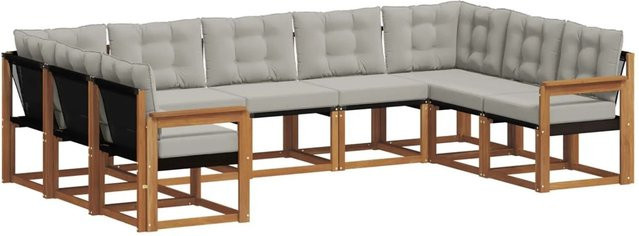 vidaXL Outdoor-Sofagarnitur aus Akazienholz in L-Form mit Textilene und Kissen, 29-tlg., Natur und Hellgrau - Bild 1