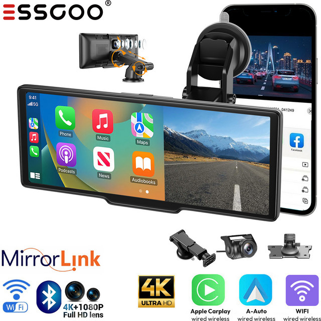 ESSGOO 4K Dashcam mit 10,26 Zoll Touchscreen, Tragbarer Videorekorder mit Apple CarPlay, Android Auto, Doppel-Linse, Bluetooth, WiFi und USB-C in Schwarz - Bild 1