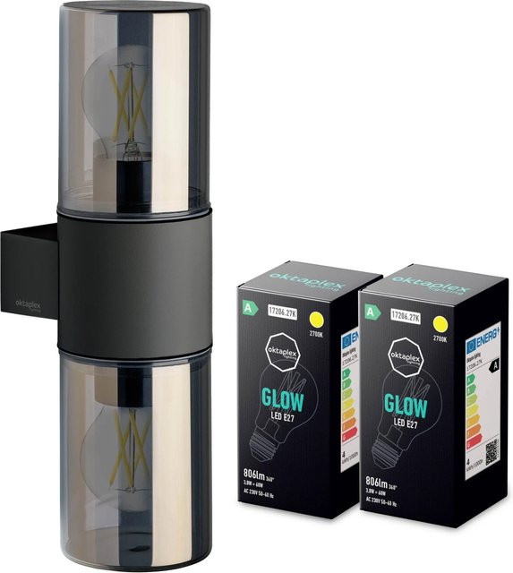 Oktaplex Puno Außenlampe aus Aluminium in Anthrazit mit Rauchglas und 2x E27 Fassung, IP44 Wandleuchte für Garten und Terrasse - Bild 1