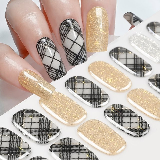 MAFANAILS Nagelkunst-Sticker, schwarz kariert, Goldglitter, schimmernd - Bild 1