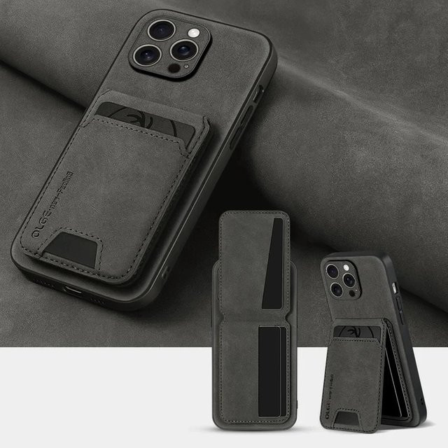 Stoßfeste Leder-Handyhülle mit Kartenfach für Apple iPhone 17 16 15 14 13 11 Pro Max in Schwarz und Grau - Bild 1