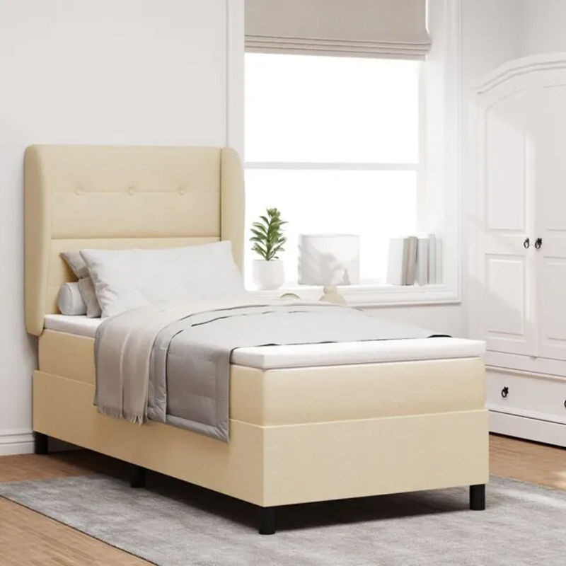 vidaXL Boxspringbett mit Matratze und Kopfteil in Beige, Modernes Polsterbett aus Stoff, B/T/H: 90 x 200 x 128 cm - Bild 1