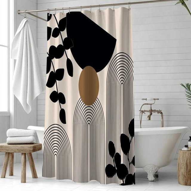 Wasserabweisendes Duschvorhang-Set mit abstraktem geometrischem Blattmuster aus Polyester in Schwarz, B: 150 cm, H: 180 cm - Bild 1