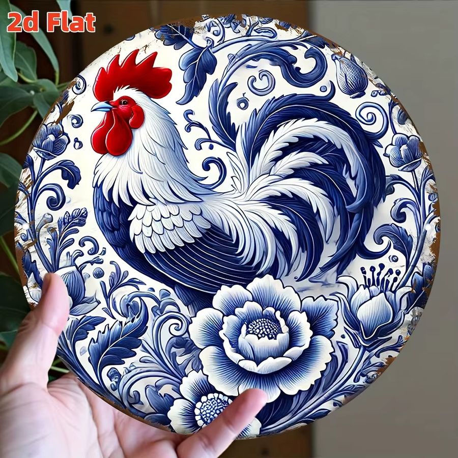 Potdemiel Wanddekoration aus Aluminium im mediterranen Azulejo-Stil mit Blumen- und Hahn-Motiv in Blau und Weiß - Bild 5