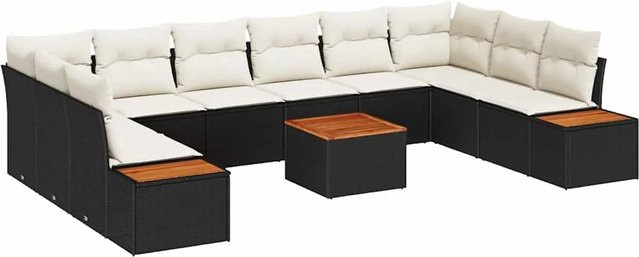 vidaXL Garten-Sofa-Set aus Poly Rattan in Schwarz mit Kissen, 11-teiliges U-Shape Lounge-Set mit Tisch - Bild 1