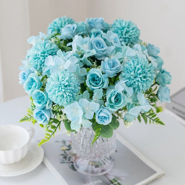 Künstlicher Brautstrauß aus Seidenrosen und Chrysanthemen von XIAOYINMO in Pink und Blau für Hochzeit und Dekoration - Bild 1