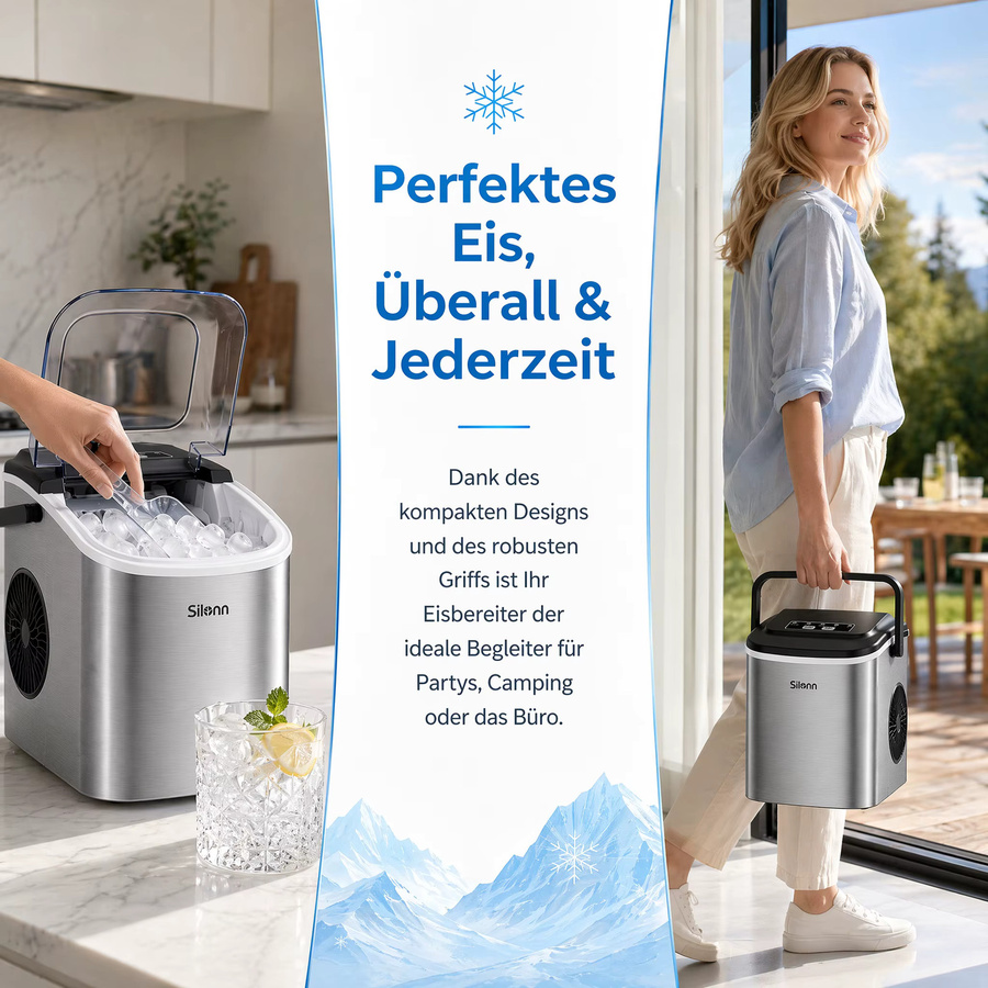 Silonn Eiswürfelmaschine in Silber mit Tragegriff, kompakt und selbstreinigend, 2 Eisgrößen, ideal für Küche, Büro und Partys - Bild 3