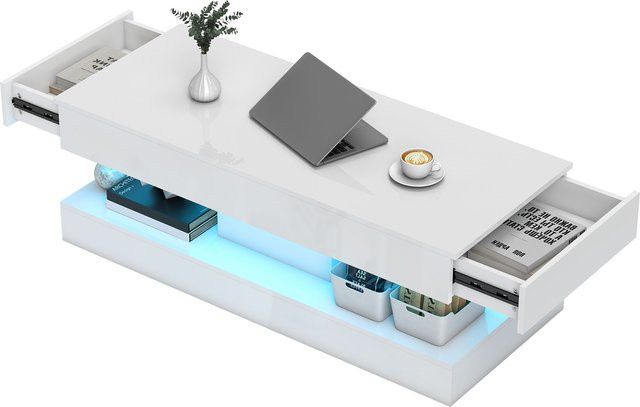 HOMCOM Couchtisch in Weiß mit Hochglanz-Finish, 12-farbiger LED-Beleuchtung, 2 Schubladen und offenem Regal, Modern, B/T/H: 120 x 50 x 42 cm - Bild 1