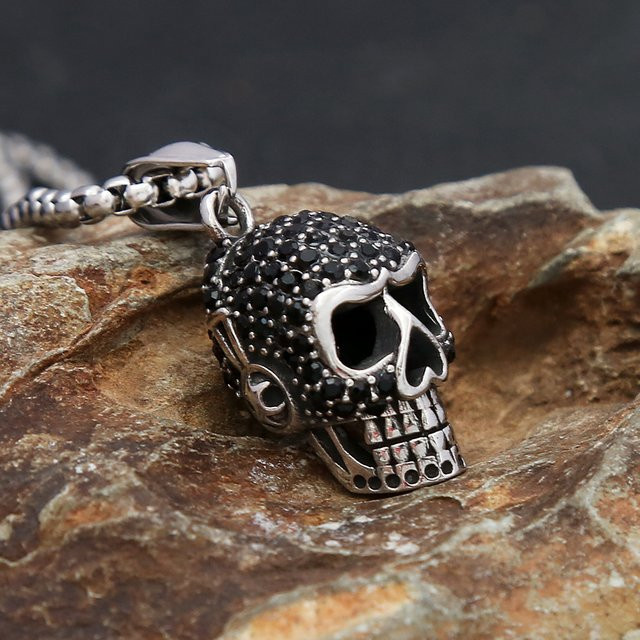NORTHMAN Halskette Edelstahl, Schädel Anhänger, Schwarz, Kristall, Unisex - Bild 1