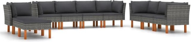 vidaXL 10-tlg Garten-Lounge-Set in U-Form aus Poly-Rattan und Eukalyptusholz in Grau mit Polstern - Bild 1