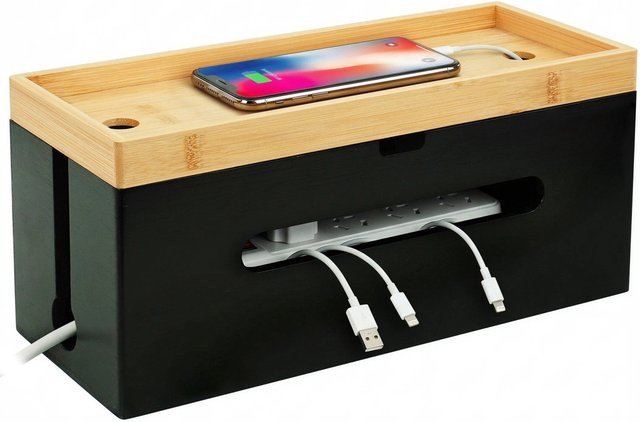 Relaxdays Kabelbox aus Bambus mit Ablage, Farbe: Schwarz, B/T/H: 16 x 34 x 13,5 cm - Bild 1