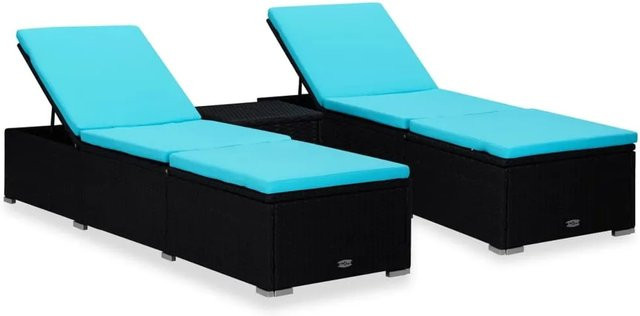 vidaXL 3-tlg. Garten-Set mit Sonnenliegen und Teetisch aus PE-Rattan in Schwarz und Blau - Bild 1