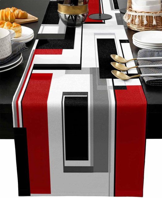 JINGYUE Pet Boho Leinen Tischläufer mit geometrischem Color Block Design in Rot, Schwarz und Weiß, Breite: 33 cm, Länge: 150 cm - Bild 1