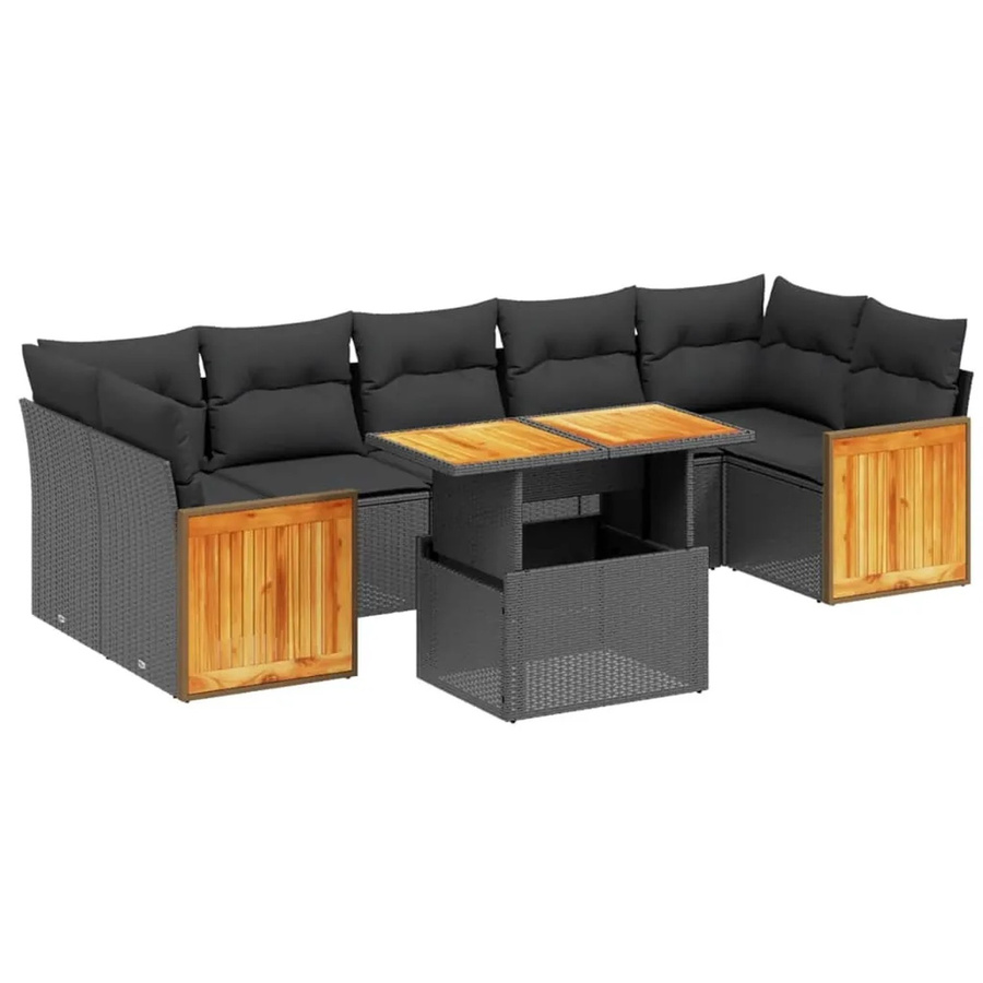 vidaXL 8-teilige Garten-Sofagarnitur aus Poly-Rattan und Akazienholz in Schwarz mit Kissen - Bild 2