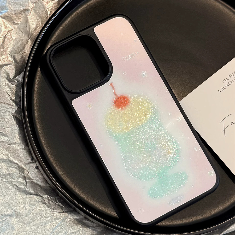 MUQGEW Handyhülle mit Kirschsaft-Design und Glitzer-Effekt für iPhone 12 bis 16 Pro Max, Schwarz und Multicolour, stoßfeste Acryl-Schutzhülle - Bild 3