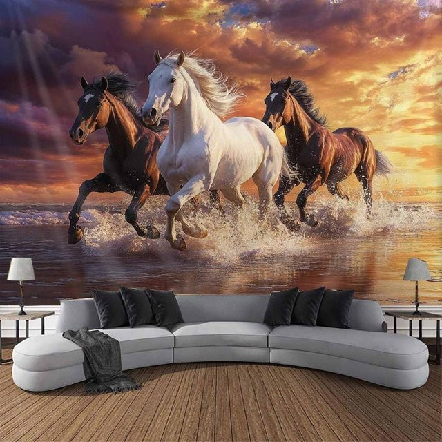Wandteppich von JMG Household Supplies mit galoppierenden weißen und braunen Hengsten am Strand bei Sonnenuntergang, moderne Tierwandkunst in Multicolour, Breite: 130 cm, Höhe: 150 cm - Bild 1