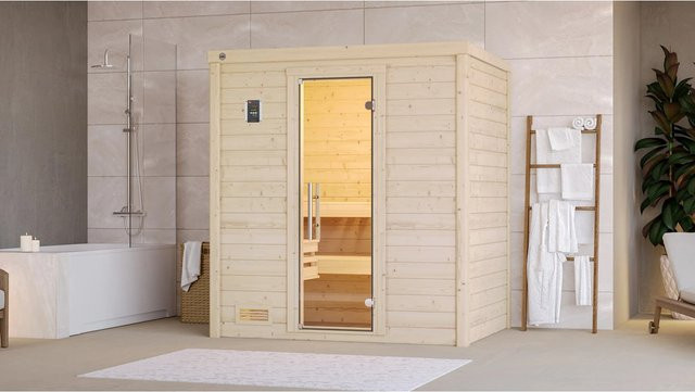 Weka Massivholzsauna Bergen 1 in Beige mit Glastür und 7,5 kW Sparset, B/H/T: 198 x 203,5 x 148 cm - Bild 1