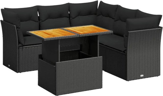 vidaXL 5-teilige Garten-Sofagarnitur in L-Form aus Polyrattan und Akazienholz mit Kissen, Schwarz - Bild 1