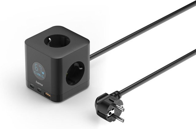 Hama Steckdosenwürfel 3-fach mit USB-C und USB-A 67W, Display und 1,4 m Kabel, schwarz - Bild 1
