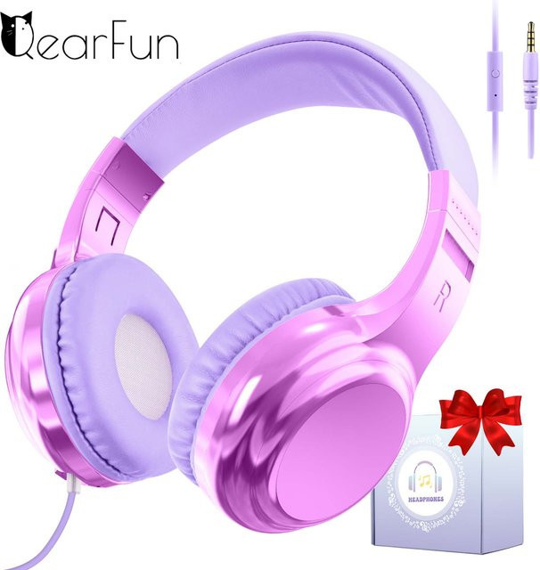 QearFun Kinderkopfhörer mit Mikrofon in Lila, kabelgebundenes Stereo-Headset für Mädchen, verstellbar für Schule und Reisen - Bild 1