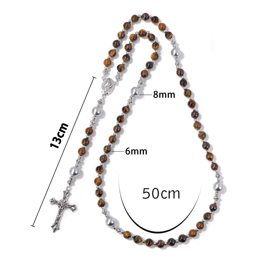 Armband vintwet, Tigerauge Lava, Christus Kreuz Anhänger, Unisex, Silber - Bild 1