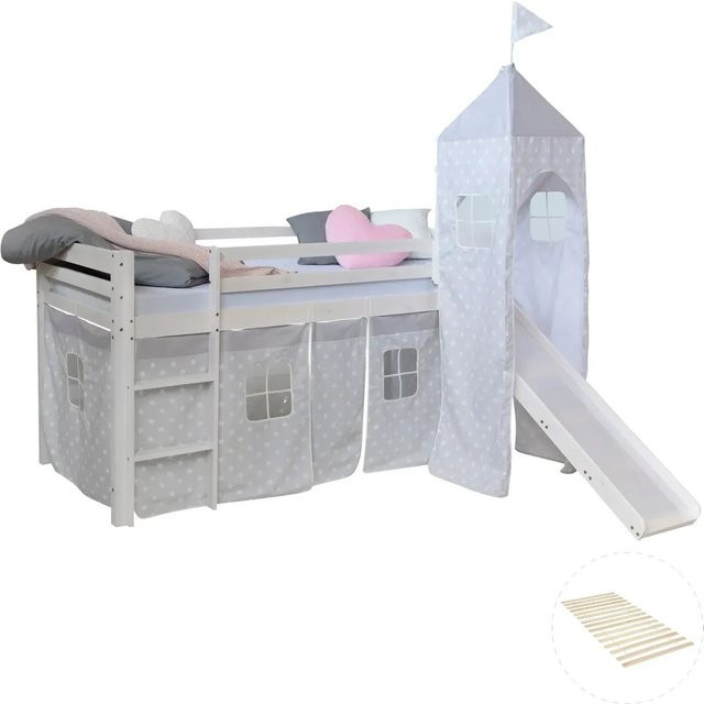 Homestyle4u Hochbett für Kinder aus Kiefernholz mit Rutsche und Lattenrost in Weiß - Bild 1