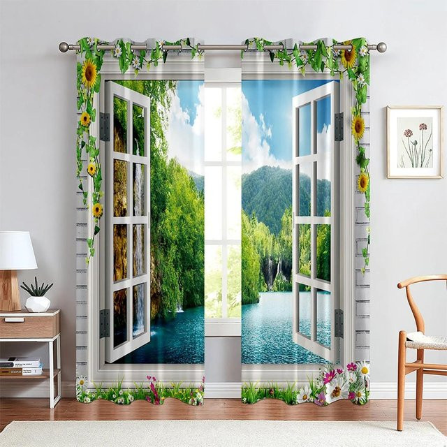 Yiran Furniture Vorhänge mit 3D-Druck Landschaftsmotiv Wald und Meer, 2er-Set, halbtransparent, Polyester, Mehrfarbig, B: 100 cm, H: 130 cm - Bild 1