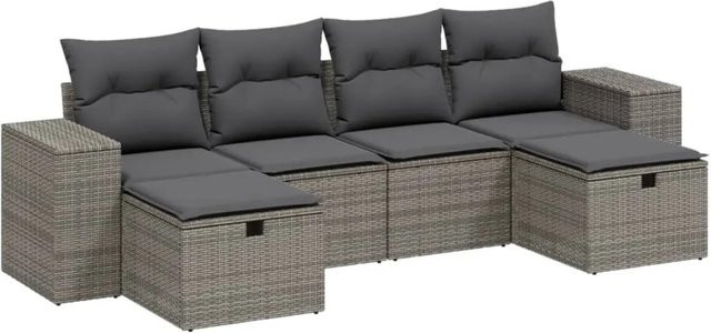 vidaXL 6-teilige Garten-Sofagarnitur in L-Form aus Poly Rattan und Metall in Grau mit Kissen und Ottoman - Bild 1