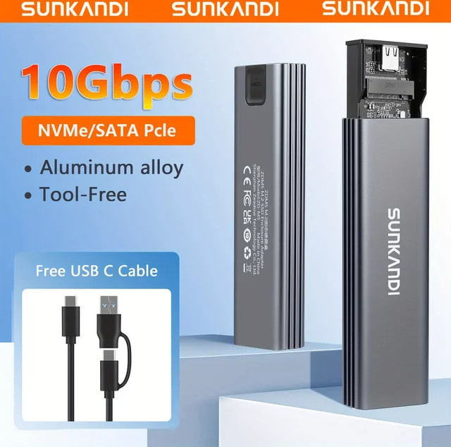 SUNKANDI M.2 NVMe und SATA SSD-Gehäuseadapter in Grau mit USB-C 3.1 Gen 2 (10 Gbit/s) für M.2 PCIe NVMe und SATA SSDs, unterstützt SSDs 2230 - Bild 1