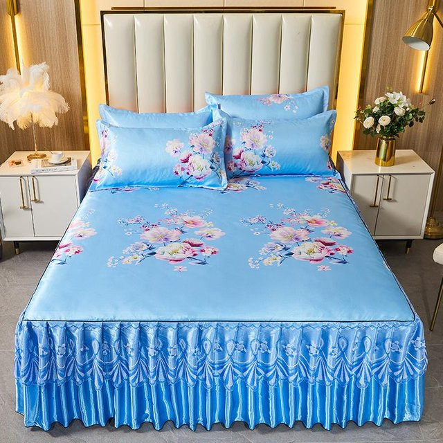 Bonenjoy Kühlendes Bettset im Blumenstil mit Kissenbezug und Spitzenbettlaken in Blau, B/T: 150 x 200 cm - Bild 1