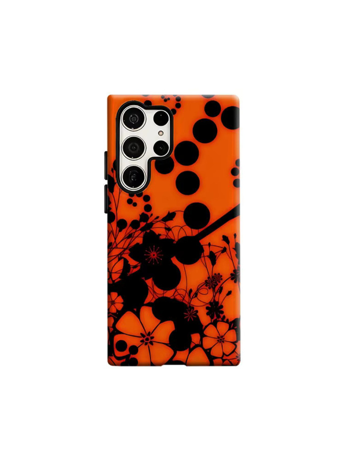Stoßfeste Doppelschicht Handyhülle mit Blumenpunkten in Orange und Schwarz für Samsung Galaxy S25 Ultra, S24 und S23 Ultra Plus - Bild 6