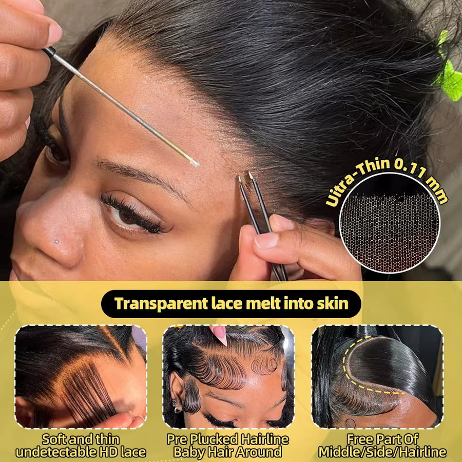 Duoxuan Echthaarperücke, glatt, 13x6 HD Lace Frontal, vorgezupft - Bild 3