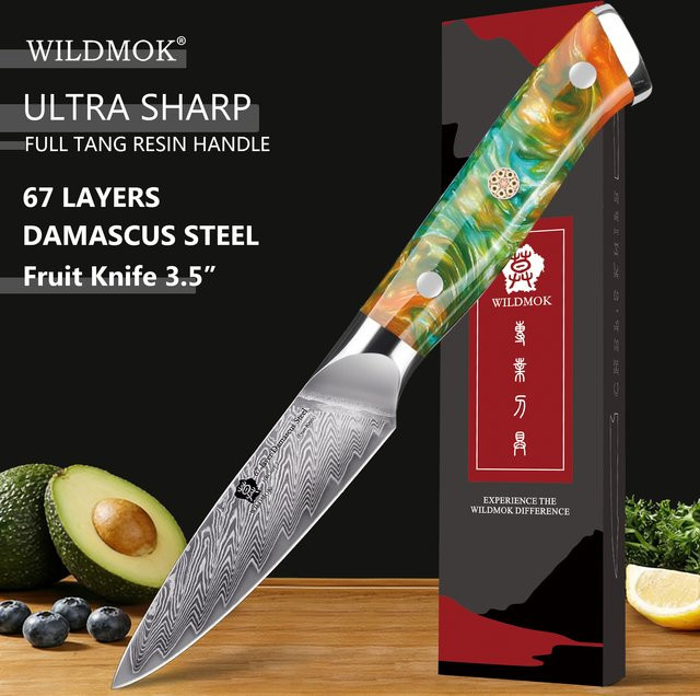 WILDMOK Damaszener Stahl Schälmesser mit orangefarbenem Harzgriff, 3,5 Zoll Paring Knife - Bild 1