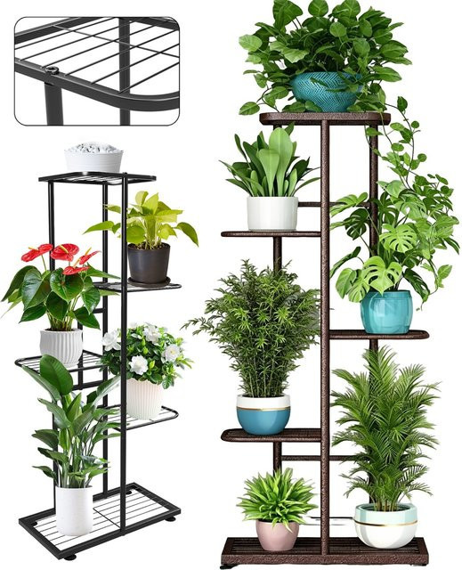 HGTUGO Blumentopfständer aus Metall, 5-stöckiges Pflanzenregal in Braun Matt für Garten und Balkon - Bild 1