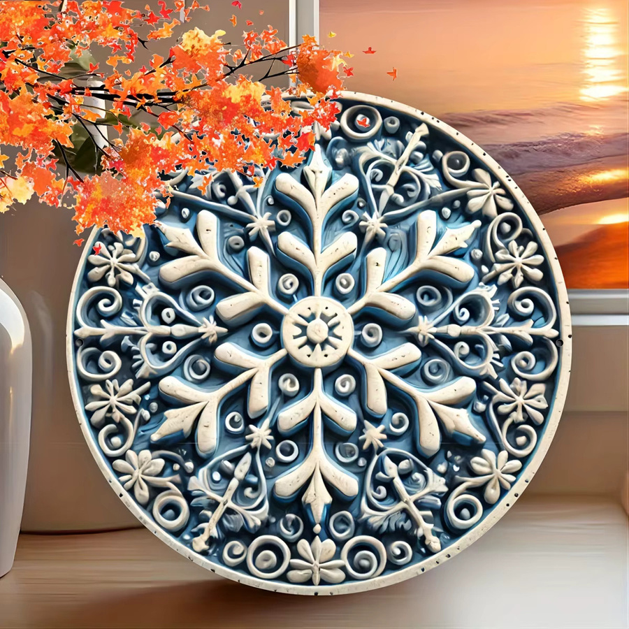 Potdemiel Runde Wanddekoration aus Metall im Vintage-Stil mit Schneeflocken-Motiv, Blau und Weiß, Durchmesser: 20,3 cm - Bild 4