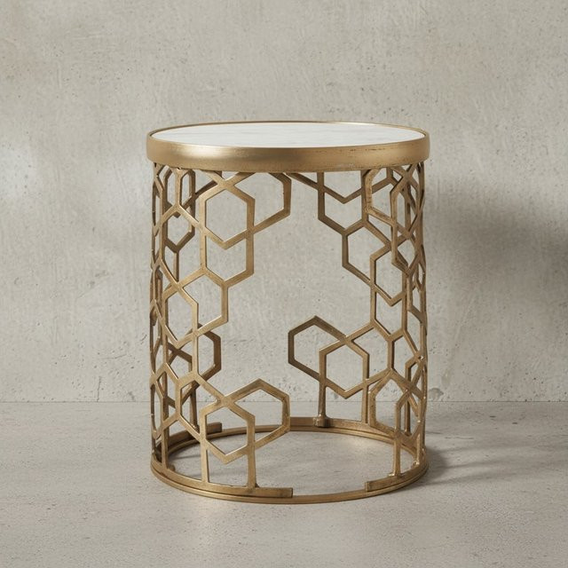 KADIMA DESIGN Beistelltisch Alba mit Marmorstruktur in Weiß und goldfarbenem Metallgestell, Durchmesser: 46 cm - Bild 1