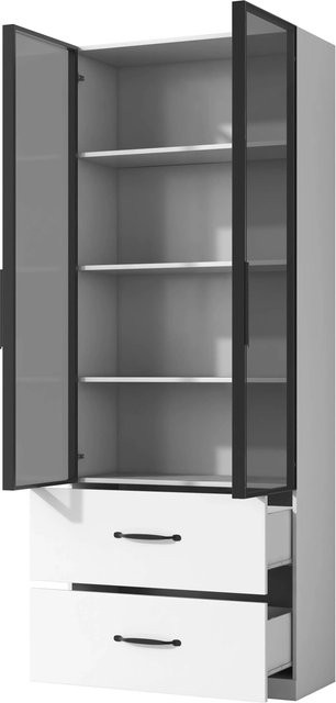 okwish LED Vitrine in Weiß mit Glasfächern und Schubladen für dein Wohnzimmer, B/T/H: 60 x 40 x 160 cm - Bild 1